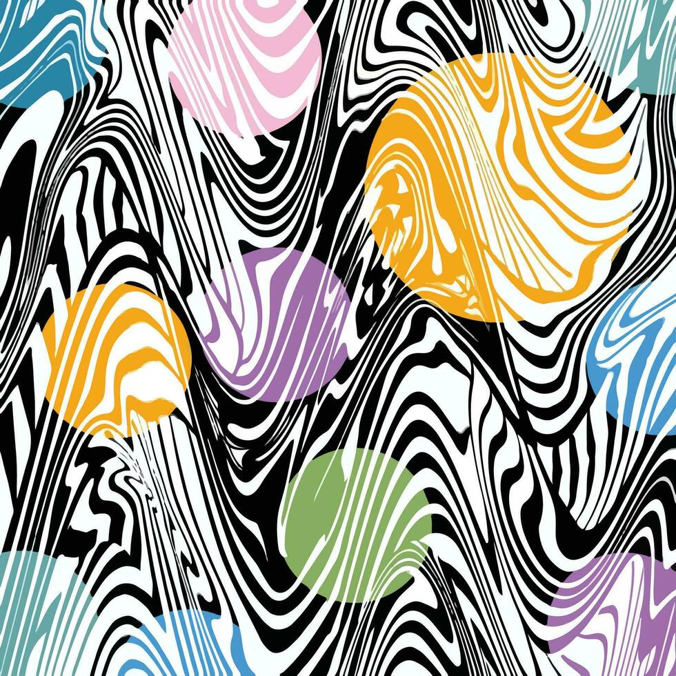 Abstract wavy swirling black lines with colorful circles decoration vector background isolated on square template. Artsy modern wallpaper backdrop drawing for poster or brochure cover.