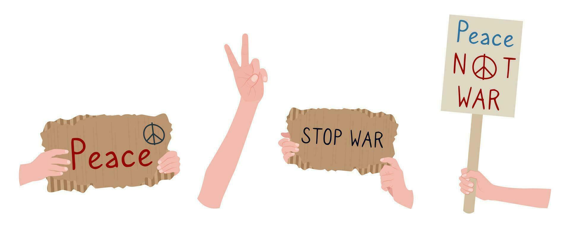 Human hands hold banners and posters calling against war, for peace. Picket illustration with the concept of peace, humanism, absence of war, freedom, humanity. Vector over white background.