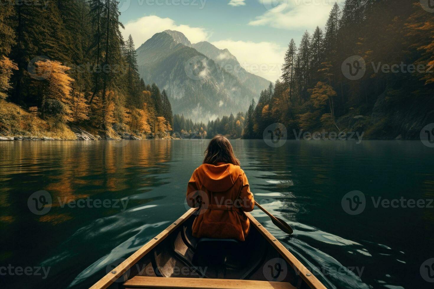 Woman is sailing on boat on lake in beautiful mountain landscape. Generative AI photo