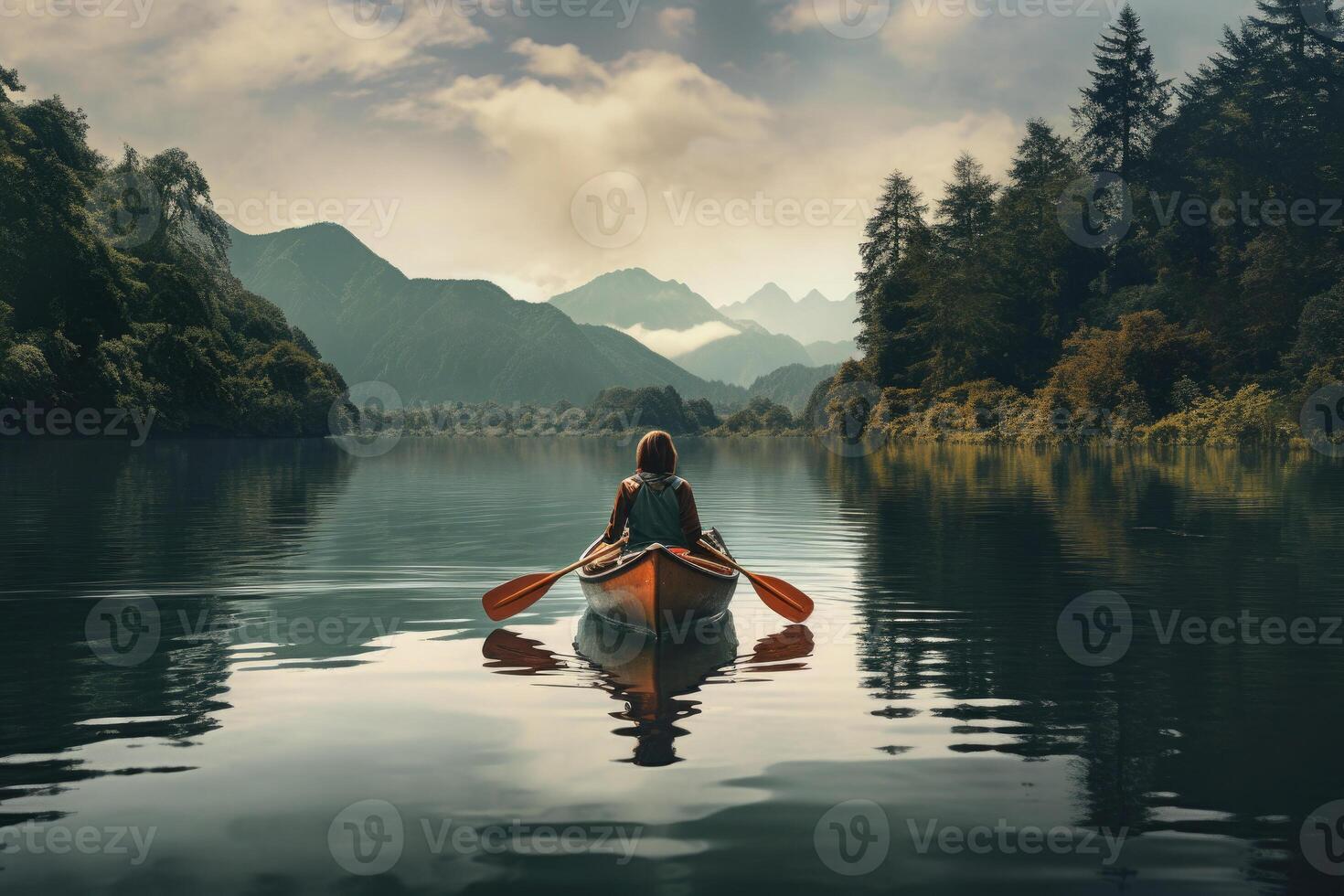 Woman is sailing on boat on lake in beautiful mountain landscape. Generative AI photo