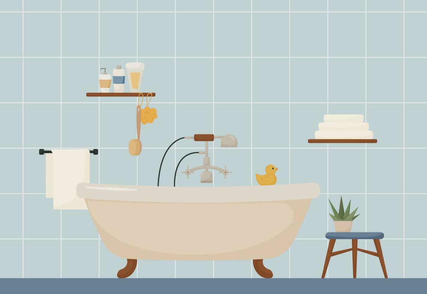 baño interior, mueble y plomería, bañera, ducha, toalla, champú, loción, planta, pato, plano estilo, moderno vector ilustración