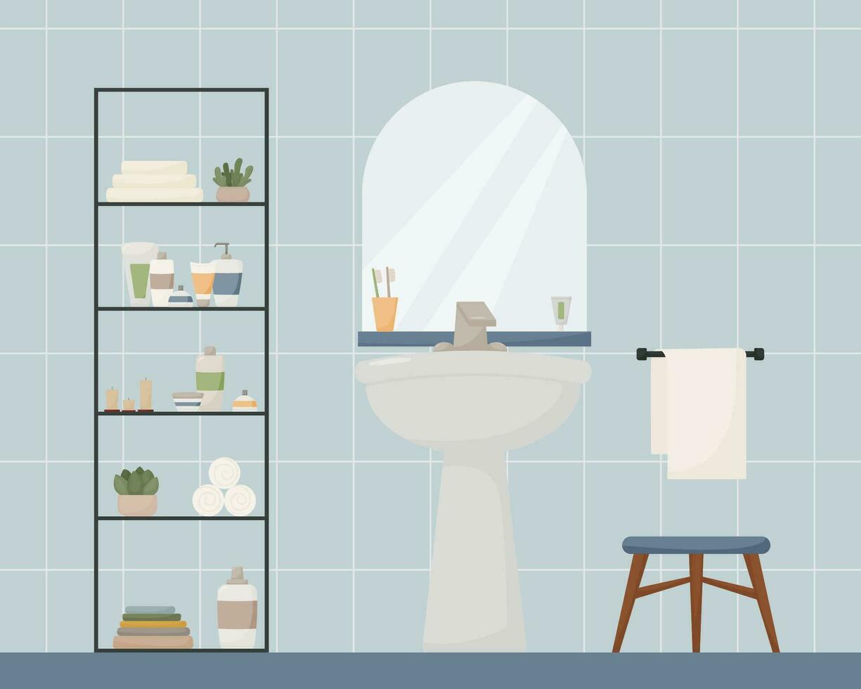 baño interior, mueble y plomería, hundir, champú, toalla, vela, loción, cepillo de dientes, pasta dental, espejo, plano estilo, moderno vector ilustración