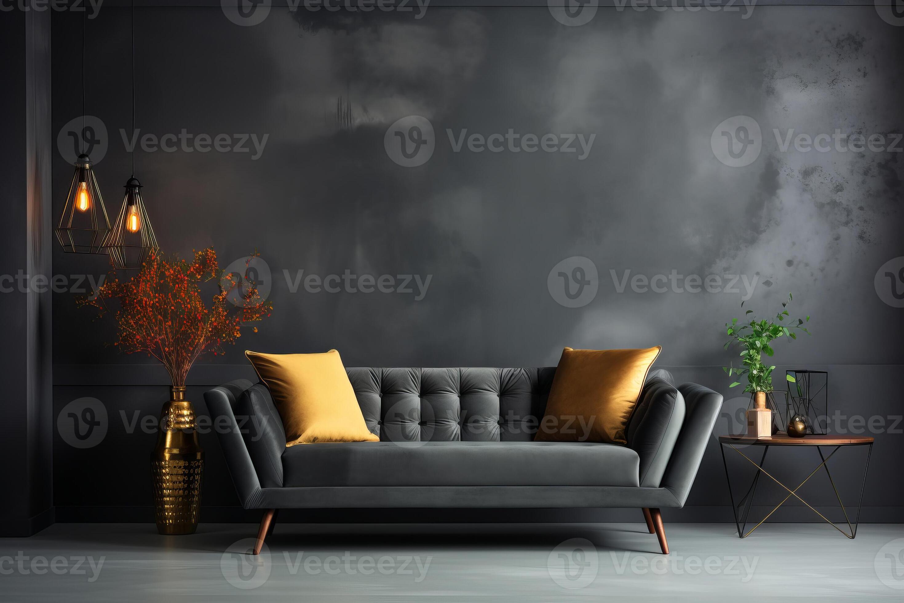 Dark gray velvet sofa against concrete panel wall AI Generated