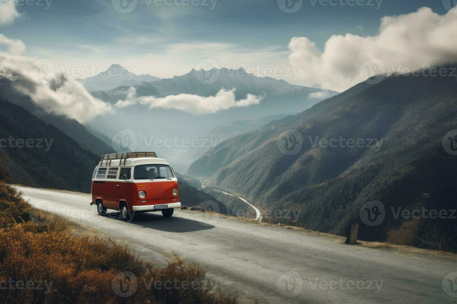 Retro van in mountain landscape. Road trip. Generative AI photo