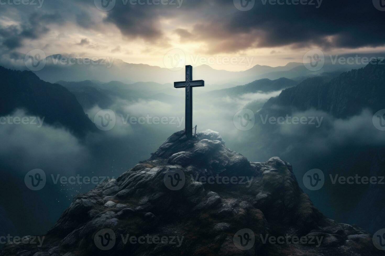 Religious cross on hill in clouds. Faith concept. Generative AI photo