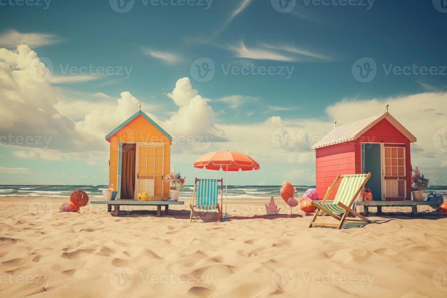 Small colorful beach houses on seashore. Summer holidays. photo