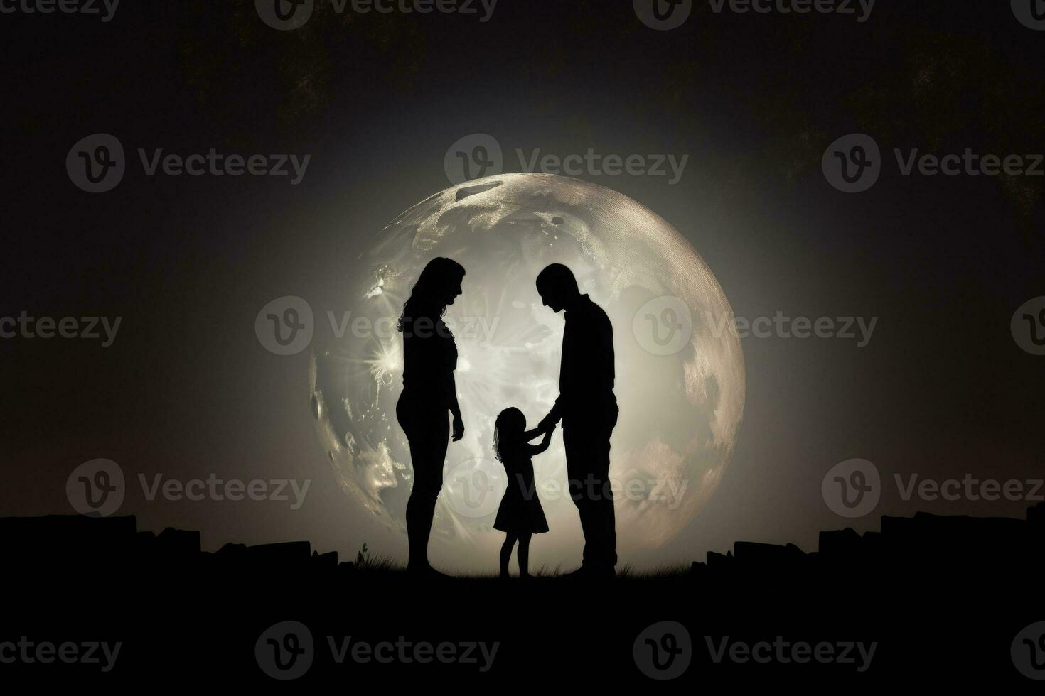 Happy family silhoettes in moonlight. Generative AI photo