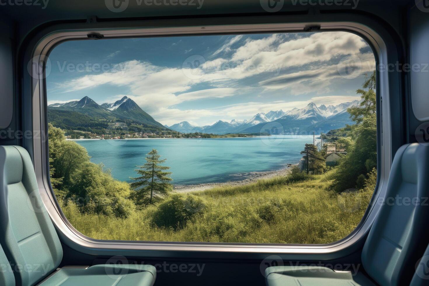 Empty train seats with snowy mountains landscape in window. photo