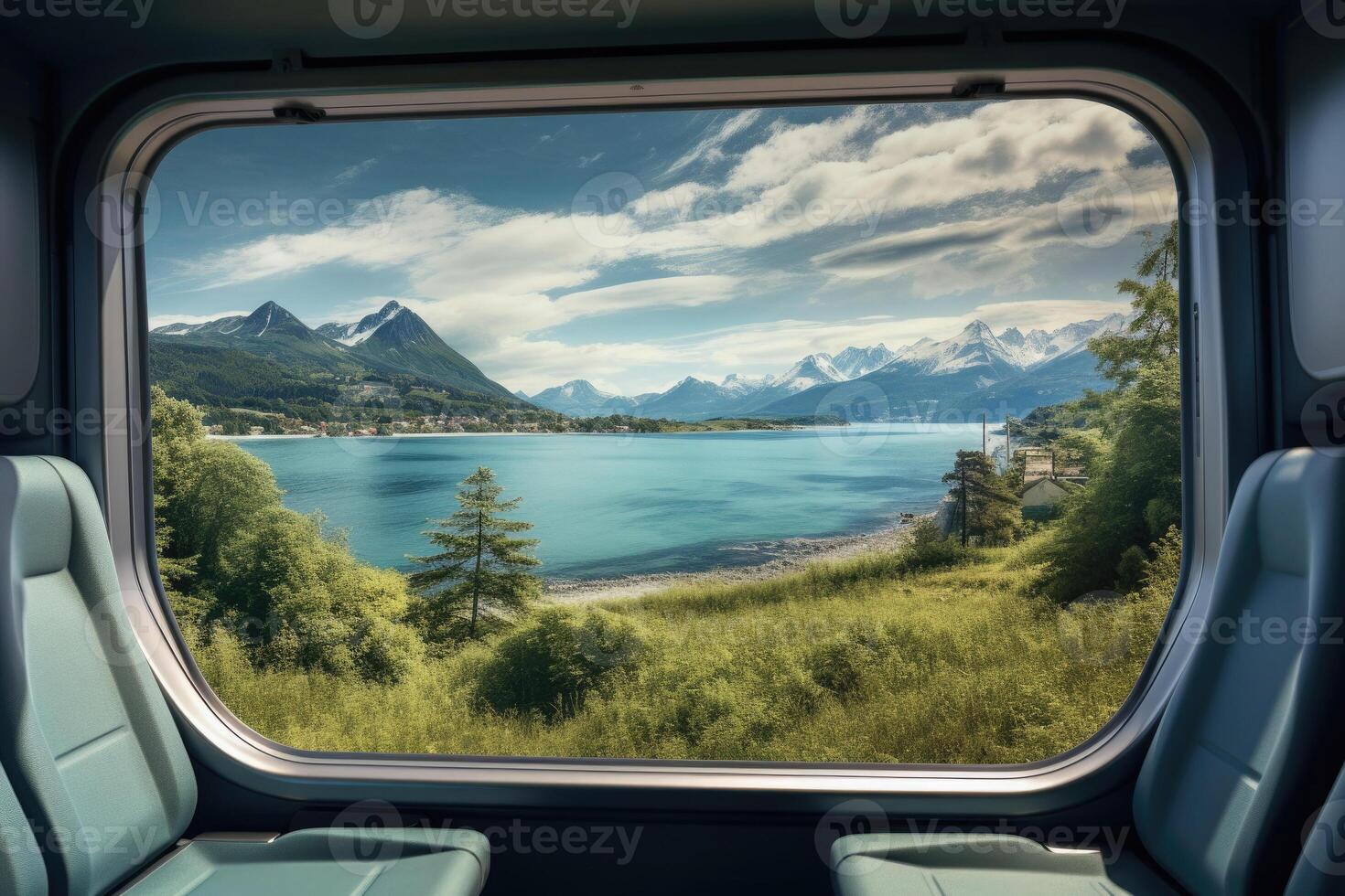 vacío tren asientos con Nevado montañas paisaje en ventana. generativo ai foto