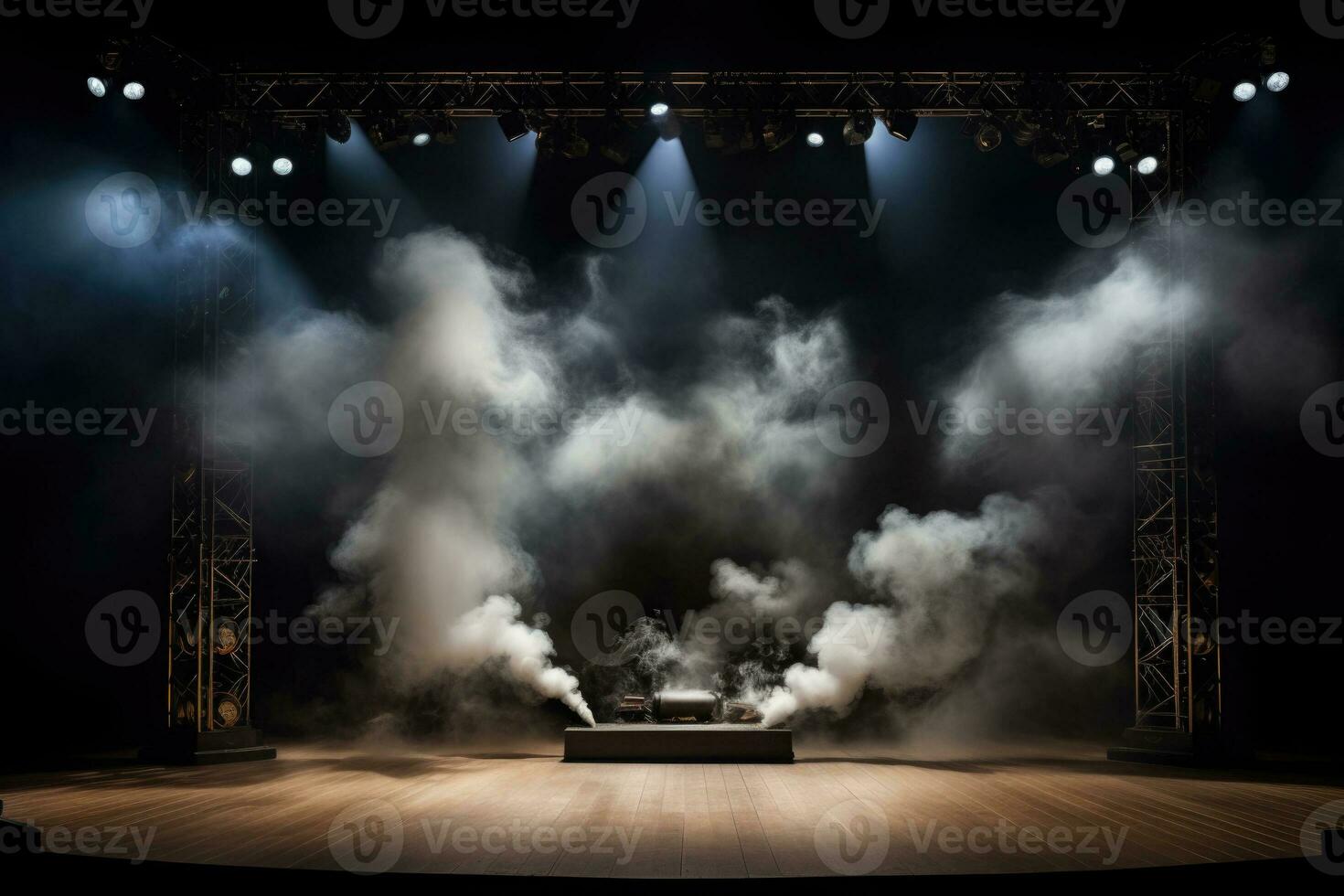 Empty musical scene with smoke and spotlights. Generative AI photo