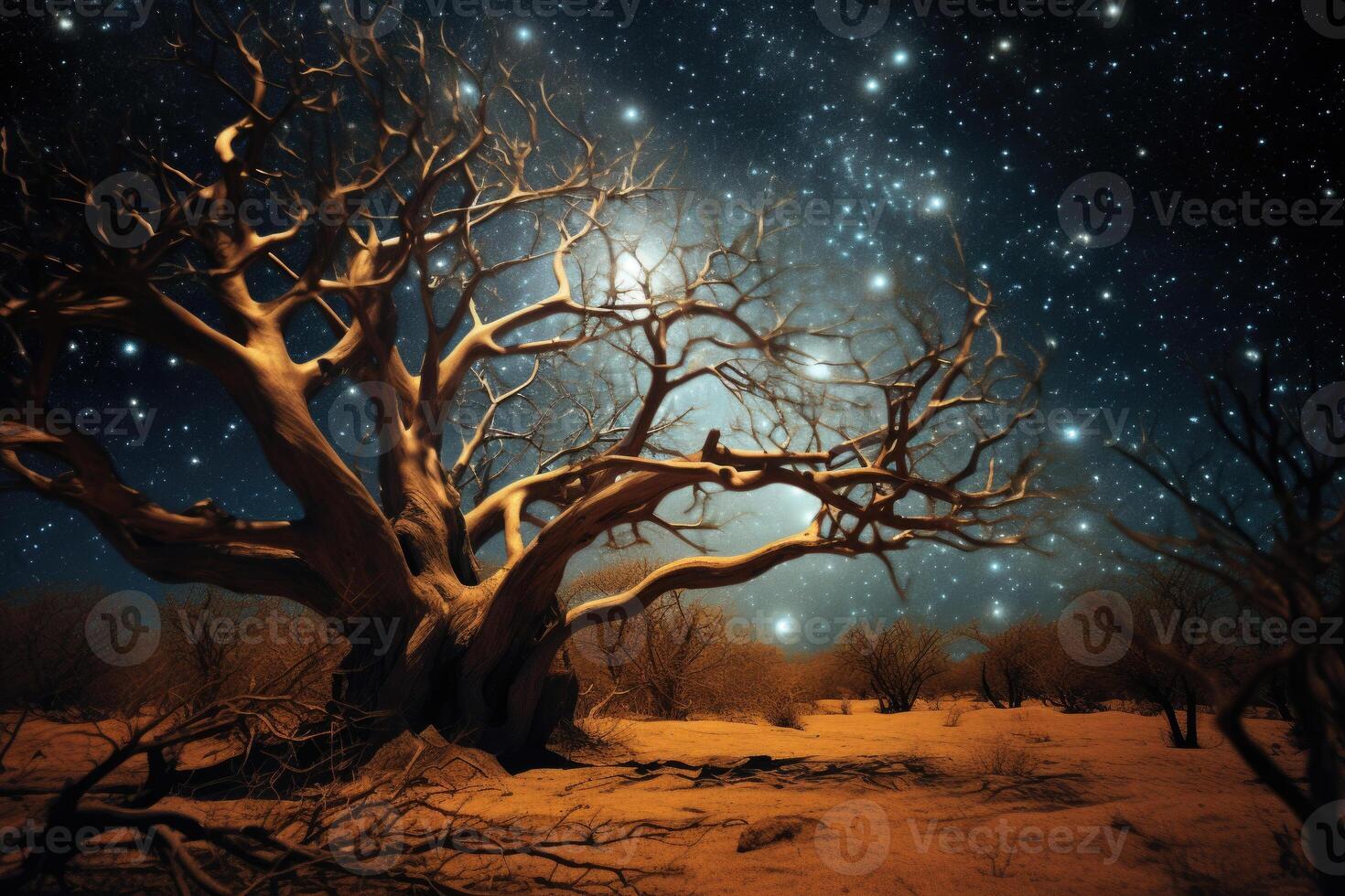 Lonely dried tree in desert landscape at starry night. photo