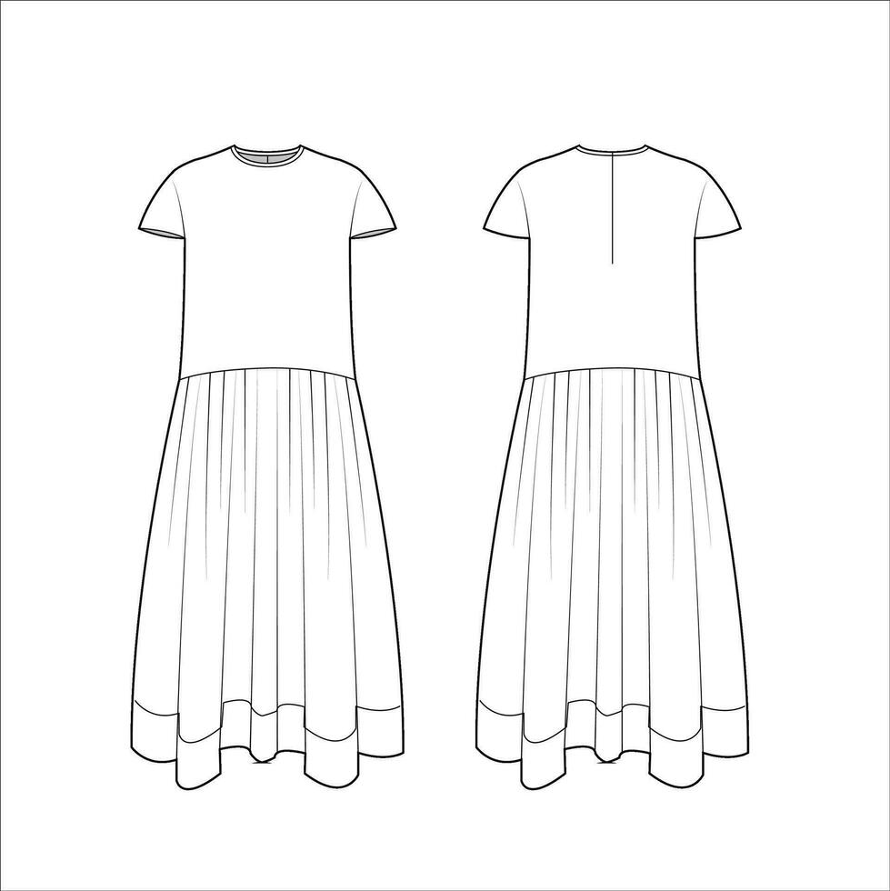Ladies Short Sleeve Long Dress Vector Template