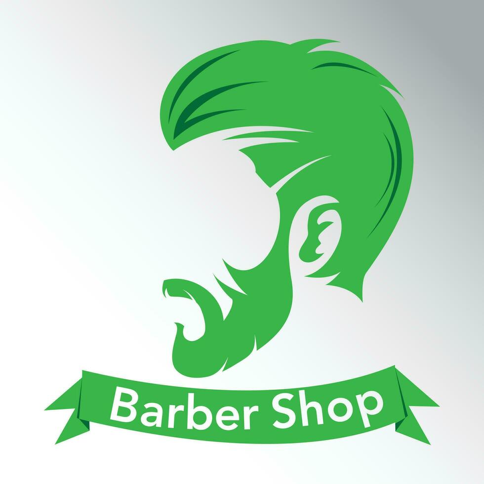 Barbero tienda logo, minimalista estilo logo, verde color logo, hombre cabeza con hipster estilo, verde texto cinta, adecuado para de los hombres Moda y social medios de comunicación y resumen imprimir, bueno para carteles en hombres clubs vector