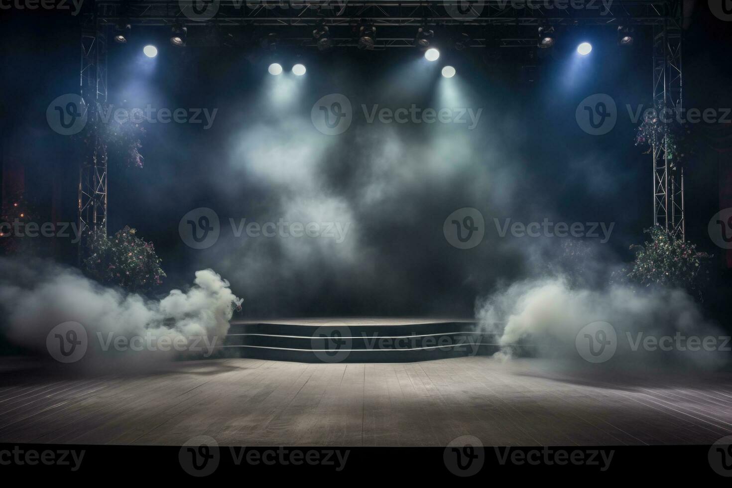 Empty musical scene with smoke and spotlights. Generative AI photo