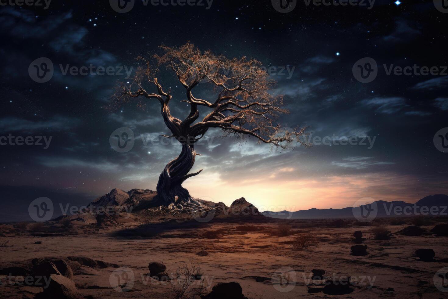 Lonely dried tree in desert landscape at starry night. photo
