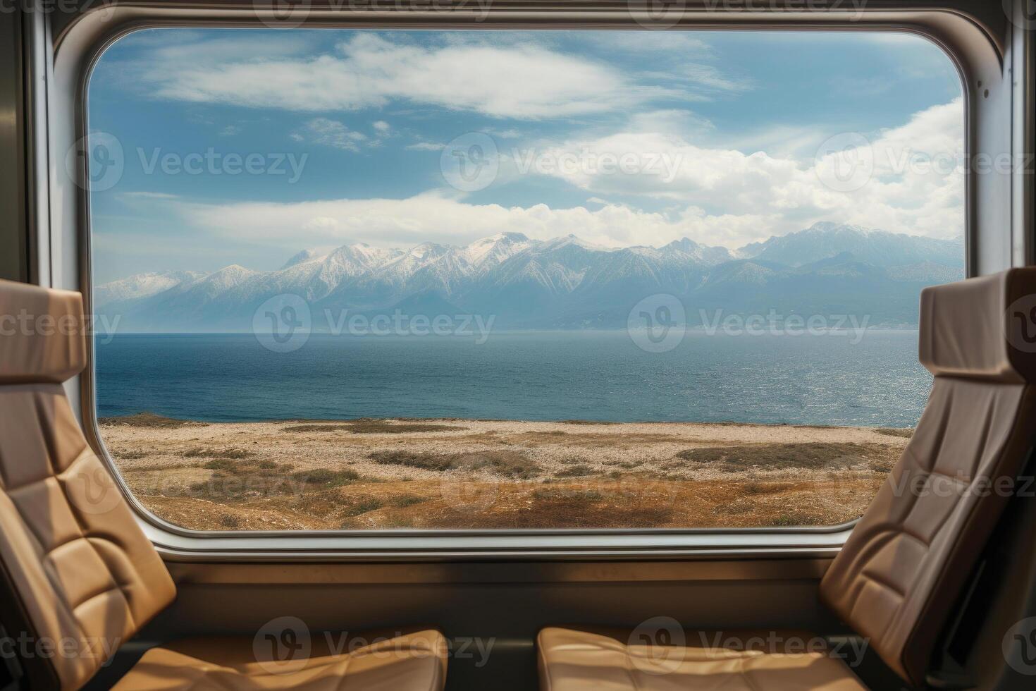 Empty train seats with snowy mountains landscape in window. photo