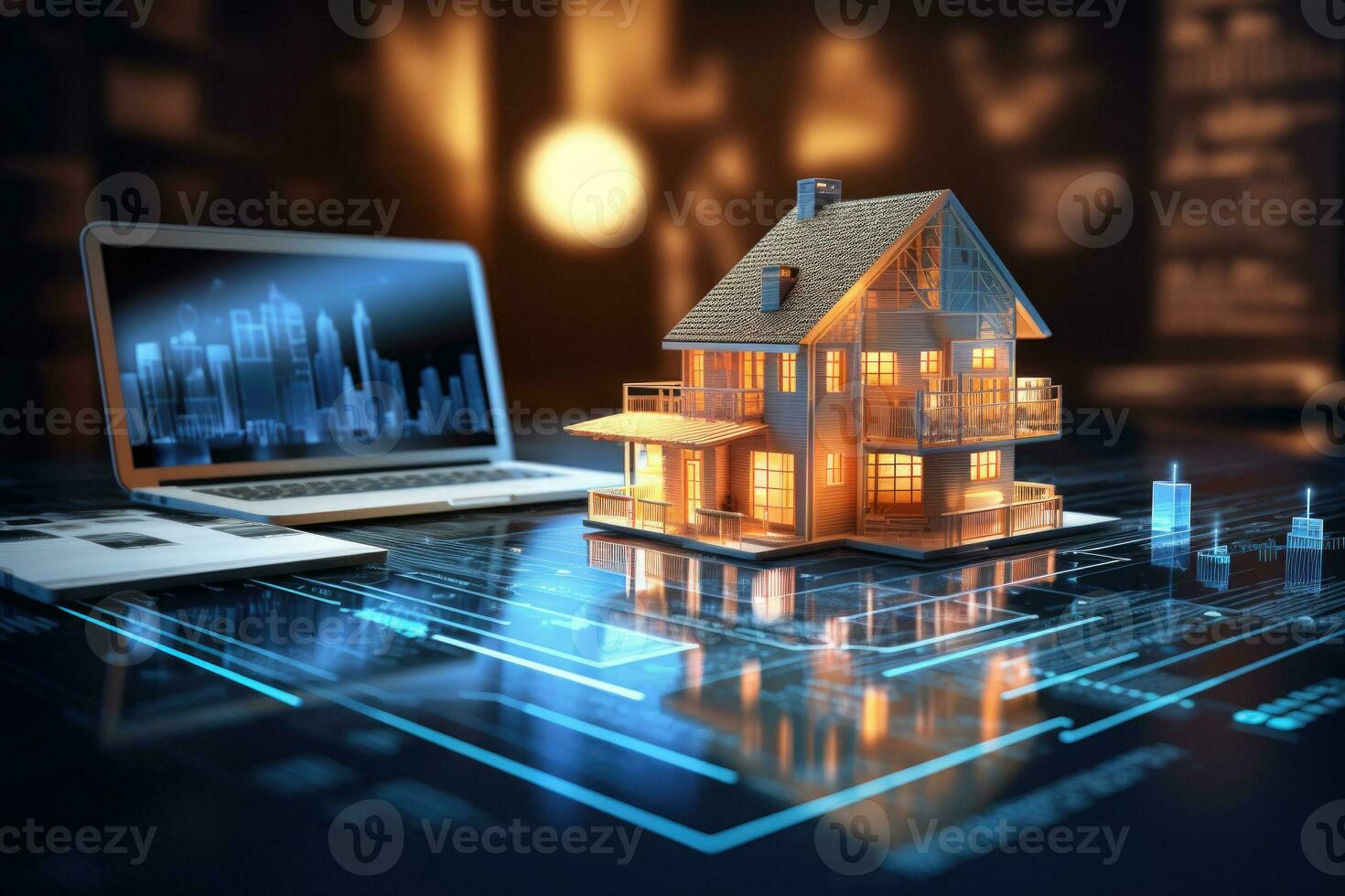 Residential house hologram. Virtual model of building. Generative AI photo