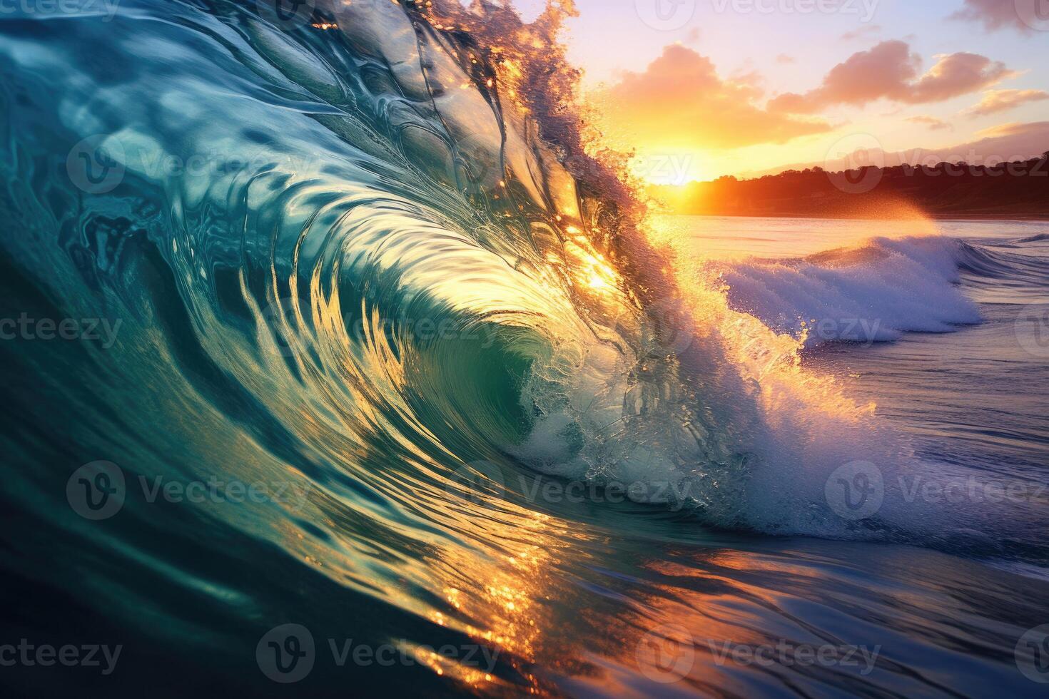Large stormy ocean wave at sunset. photo
