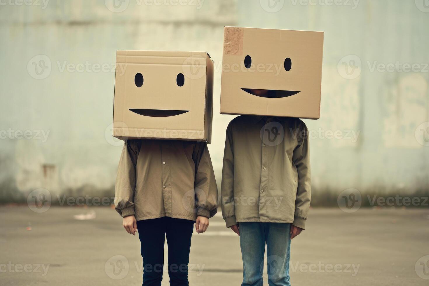 Man and woman with cardboard boxes on head. Generative AI photo