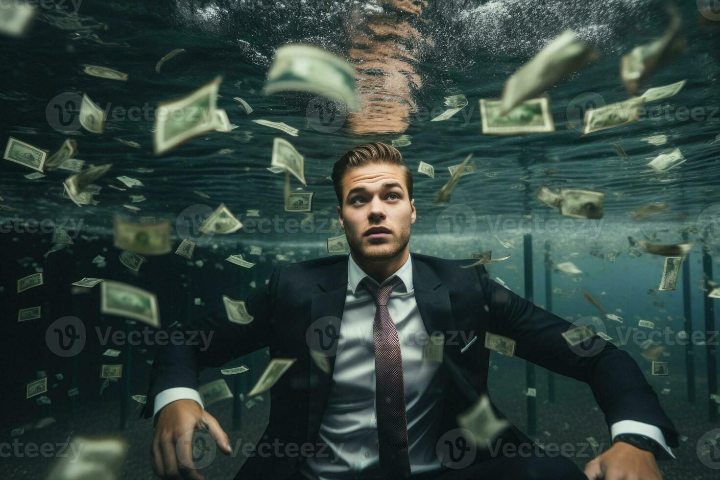 Businessman underwater in swimming pool with money. Generative AI photo