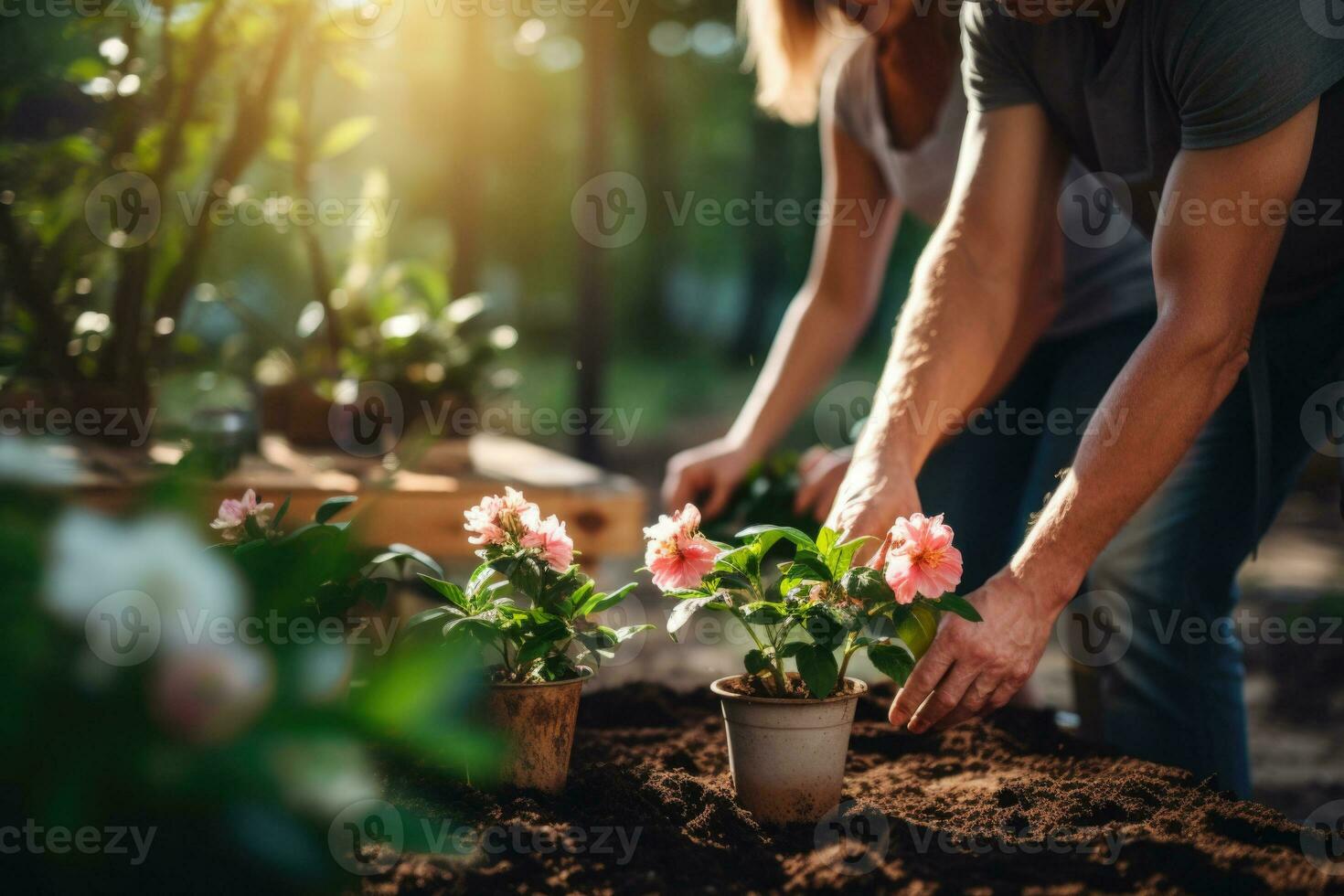 Pareja trabajando en jardín juntos, reunión flores generativo ai foto