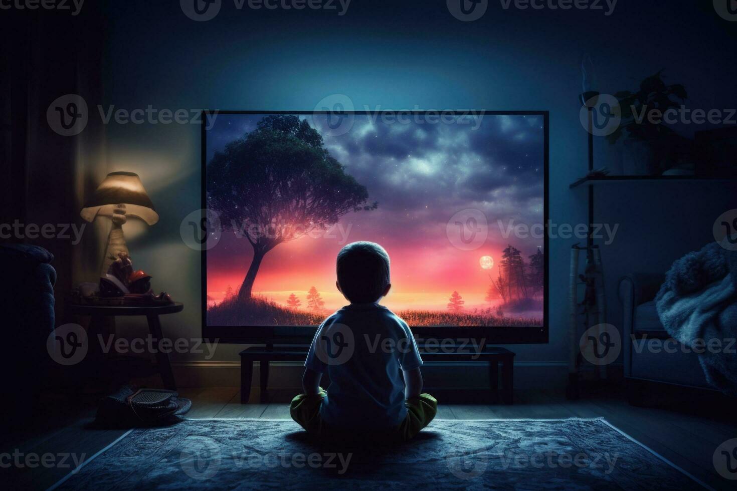 Boy sitting in front of tv set. Children addiction. Generative AI photo