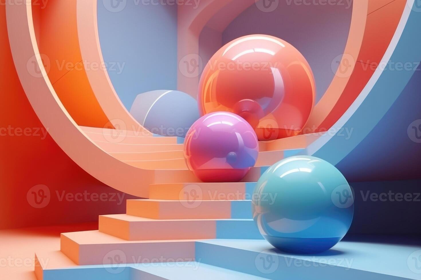 Simple geometric composition with staircase and balls. Generative AI photo