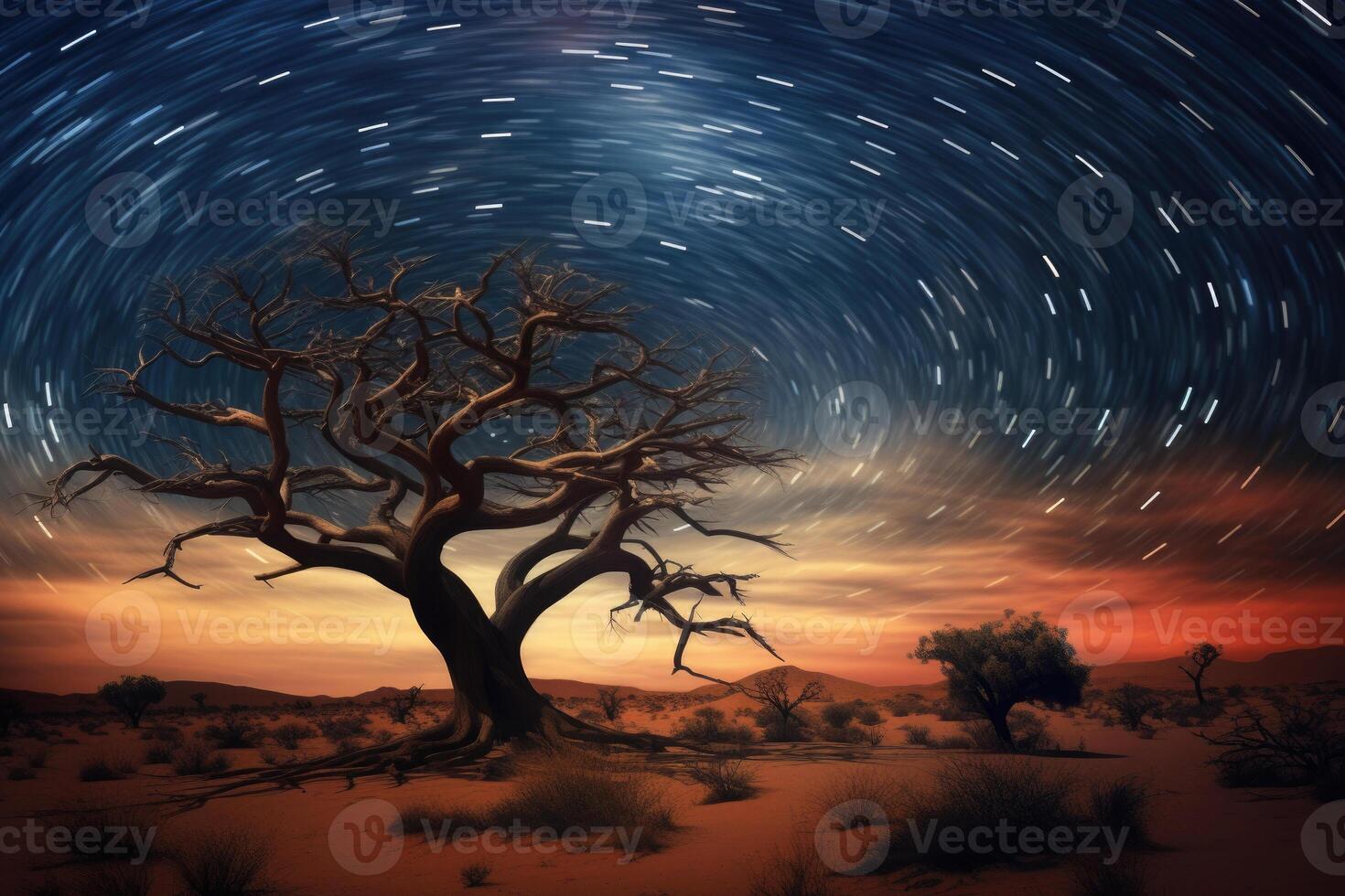 Lonely dried tree in desert landscape at starry night. photo