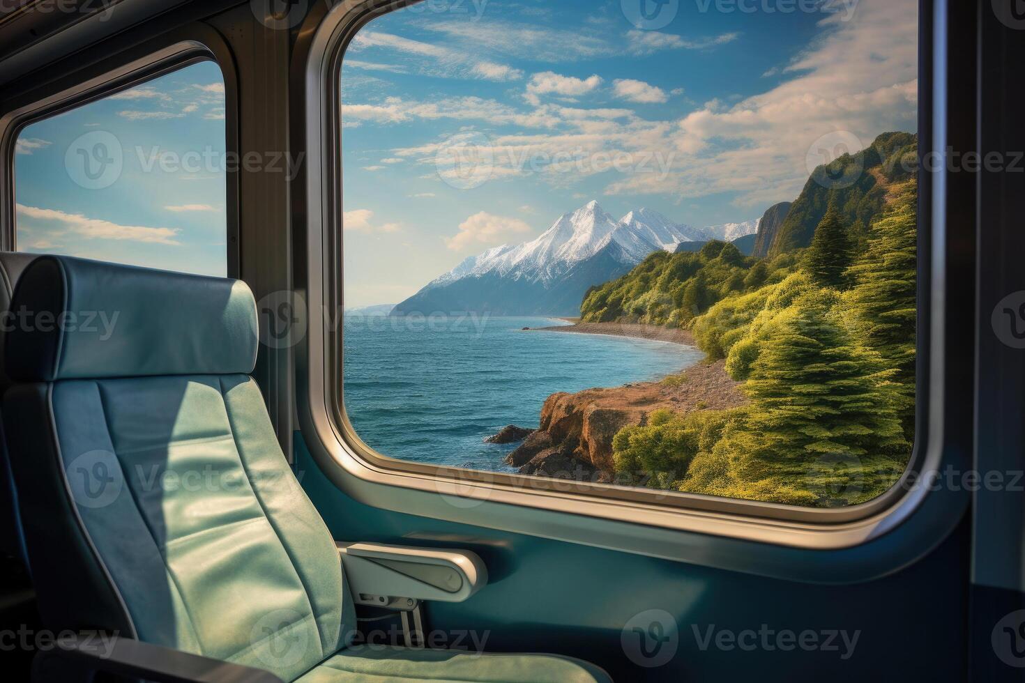 Empty train seats with snowy mountains landscape in window. photo