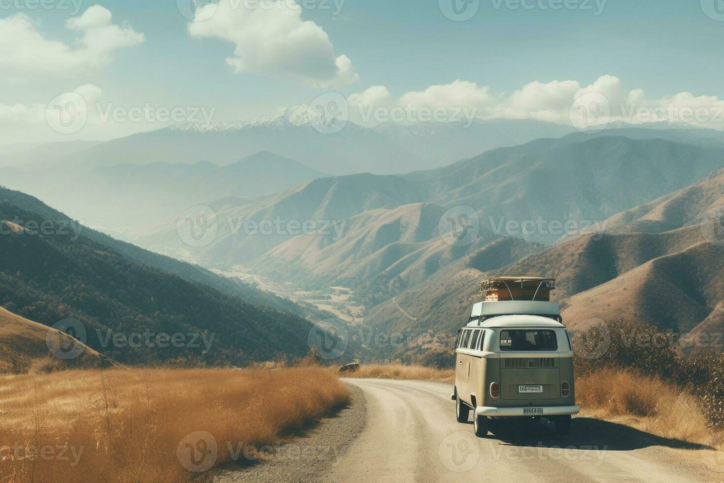 Retro van in mountain landscape. Road trip. Generative AI photo