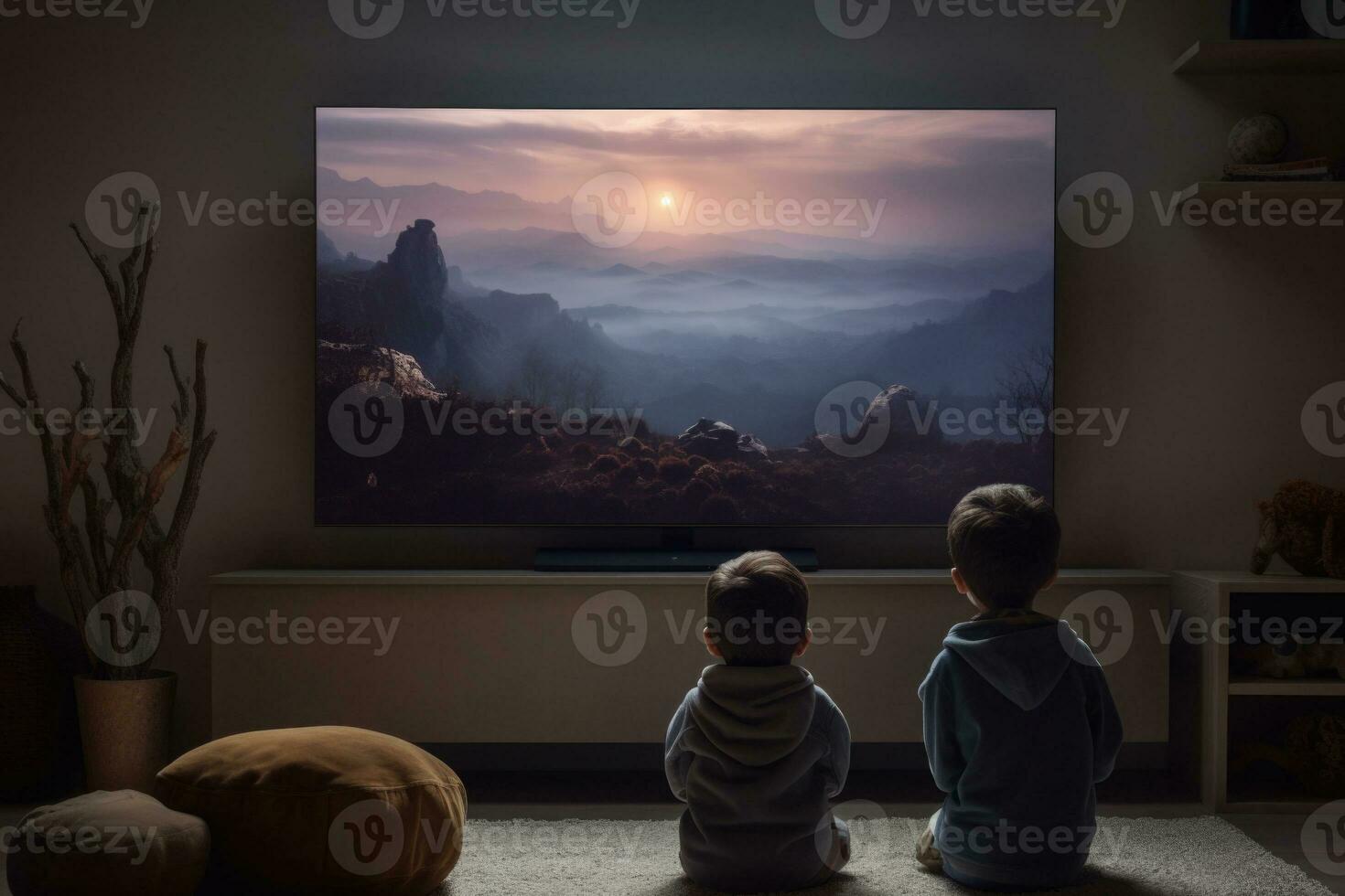 Two boys sitting in front of tv set. Children addiction. Generative AI photo