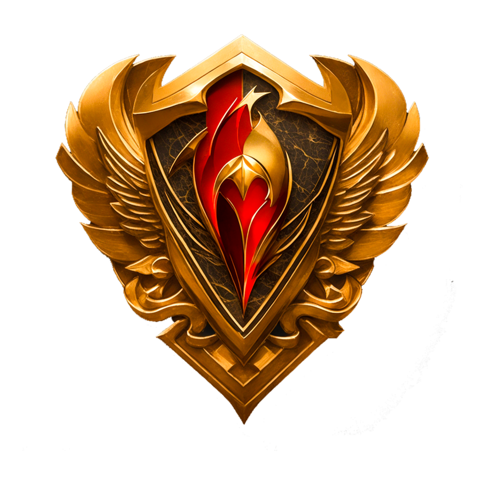 A gothic golden shield high fantasy in gold and red, highly detailed png