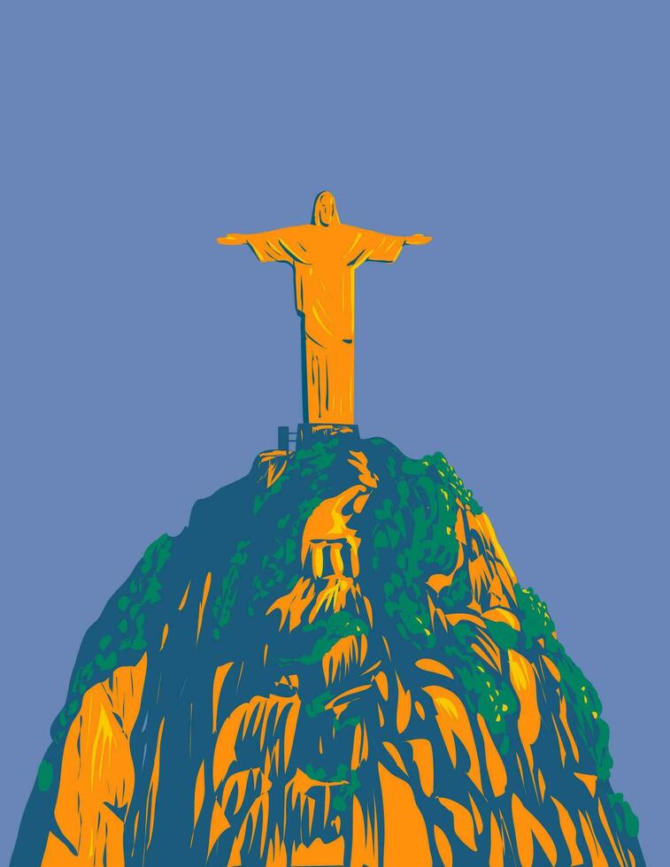 Christ the Redeemer on Corcovado Mountain Rio de Janeiro Brazil WPA Art Deco Poster vector