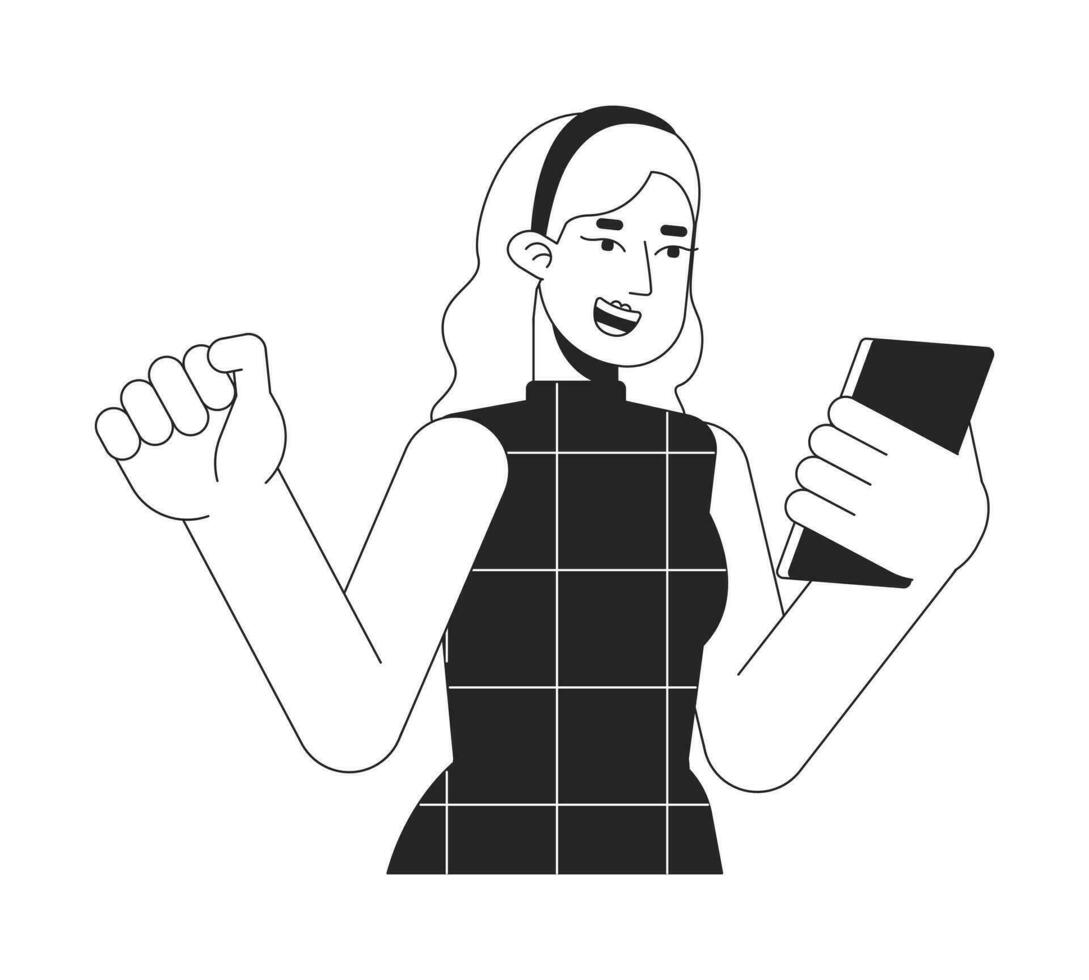 Cheerful lady looking on phone flat line black white vector character. Editable outline half body person. Happines simple cartoon isolated spot illustration for web graphic design