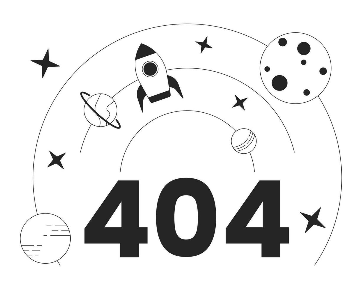 Rocket science black white error 404 flash message. Science and technology. Monochrome empty state ui design. Page not found popup cartoon image. Vector flat outline illustration concept