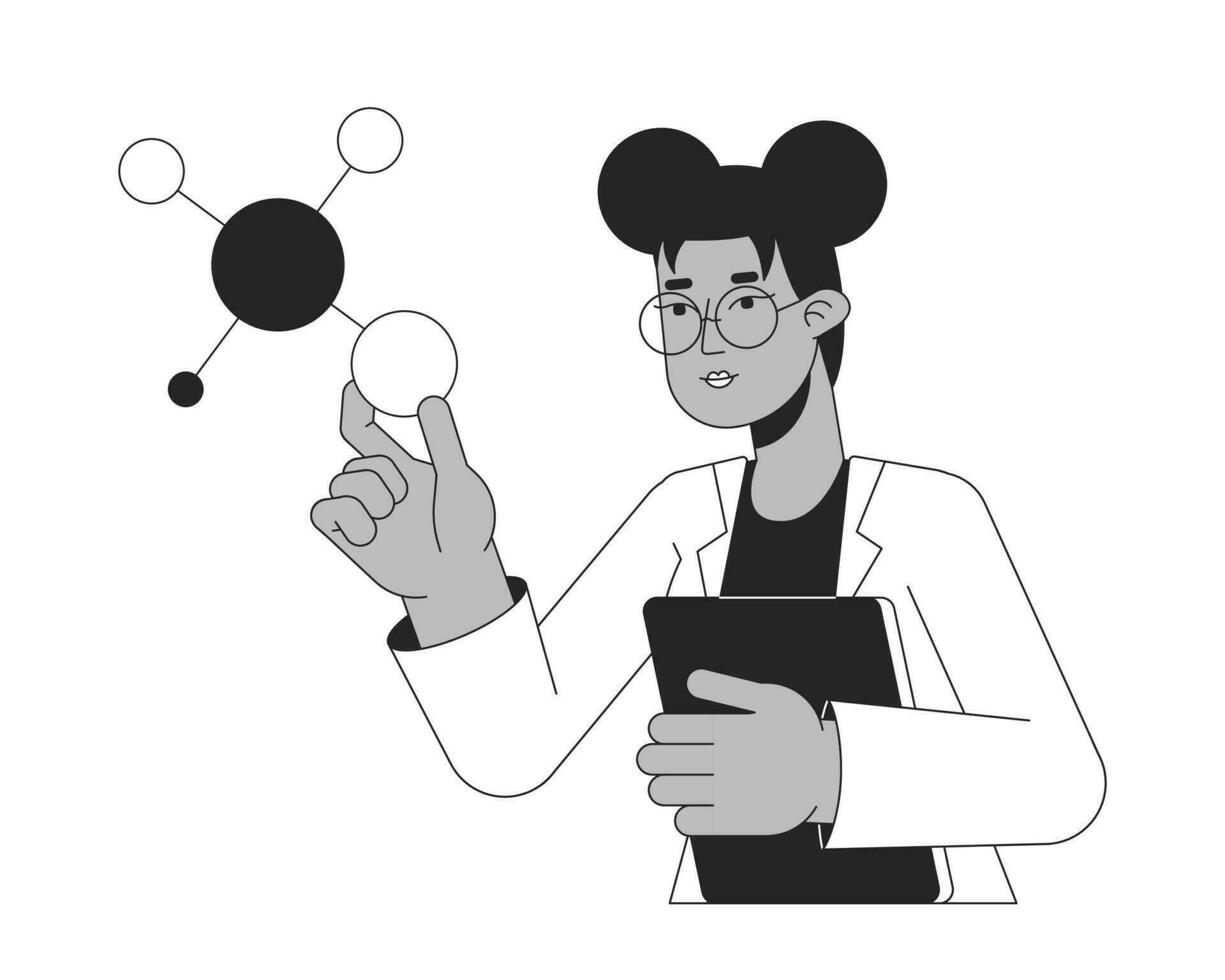 Female scientist studying molecules bw concept vector spot illustration. Molecular biology 2D cartoon flat line monochromatic character for web UI design. Editable isolated outline hero image