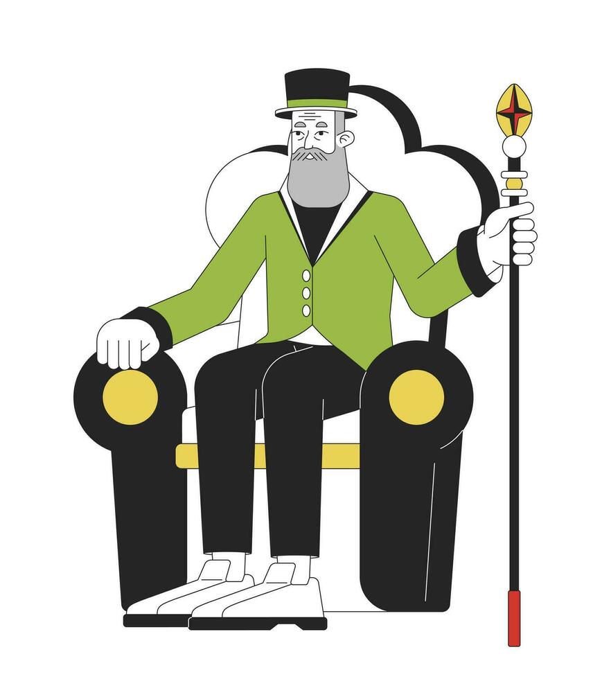 Lord sitting in chair flat line color vector character. Editable outline full body rich person holding wizard staff on white. Simple cartoon spot illustration for web graphic design