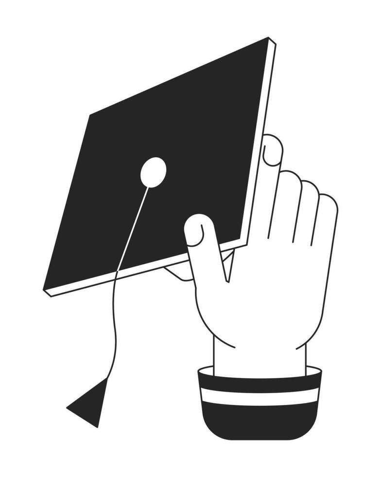 Holding mortarboard hat flat line black white vector character hand. Editable outline person body part. Absolwent. Throwing graduation cap simple cartoon isolated spot illustration for web design
