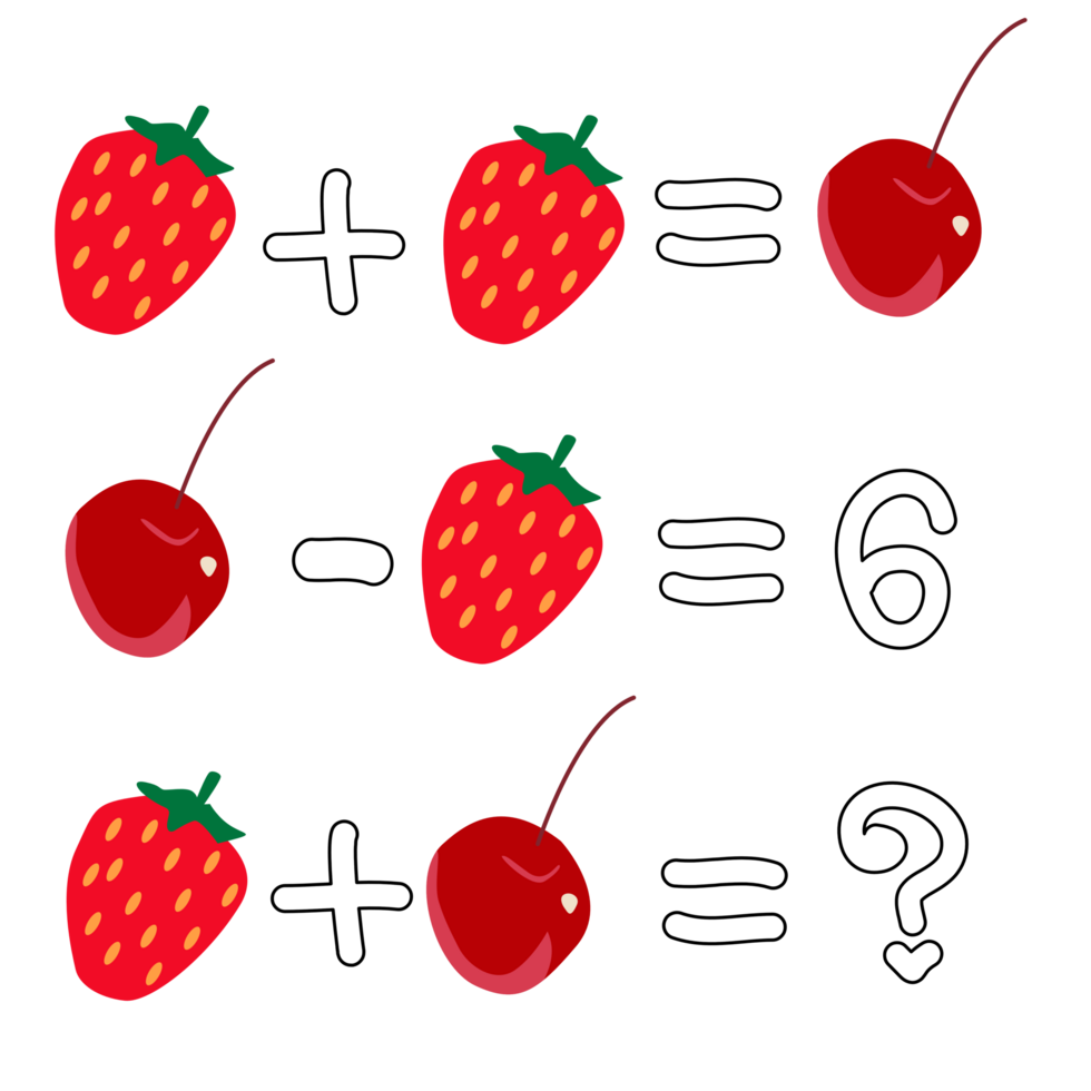 Math game count how many of them there are. count how many cherry are  plus and minus strawberries. png