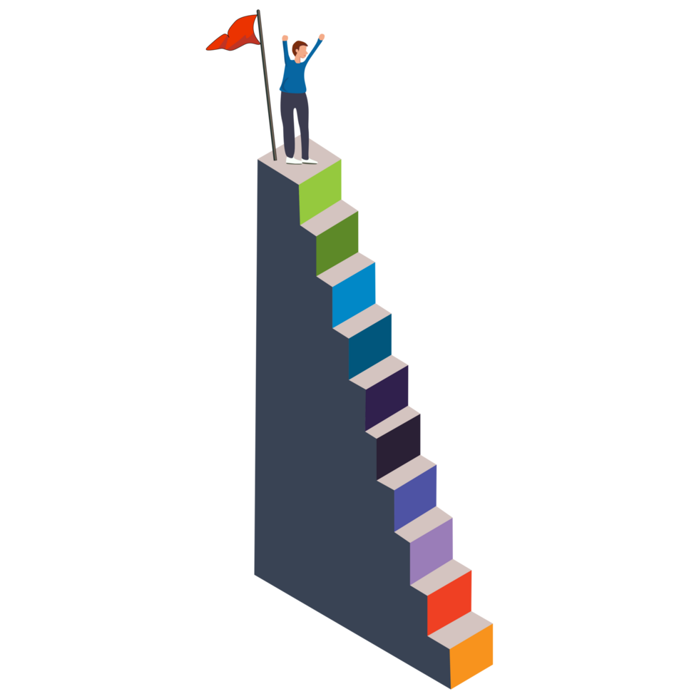 A man ascending career ladder. Concept of business goal achieving, development, progress or growth. png
