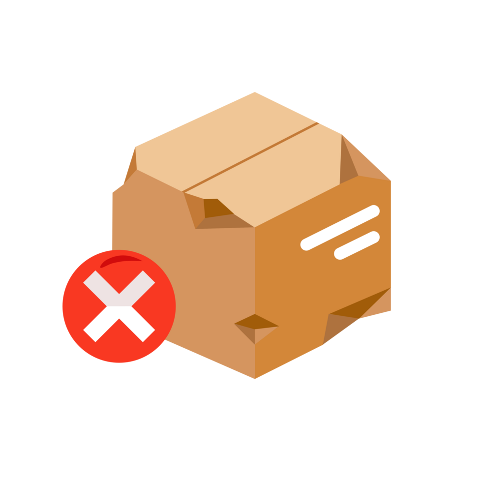 Damaged Cardboard Boxes with cross mark. Broken Boxes with Bent Edges, Torn Sides, Dented Corners png