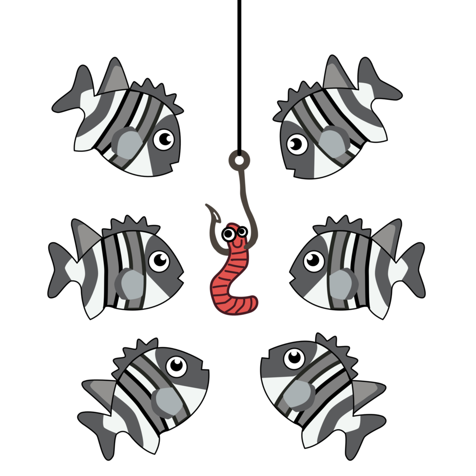 Many fish gathered around worm on hook. png