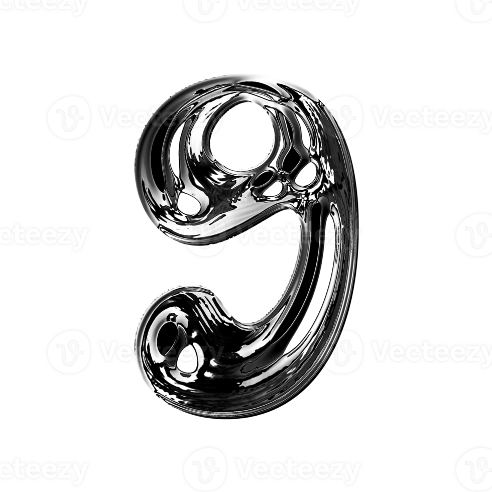 Nine number alphabet with y2k liquid metallic chrome effect png
