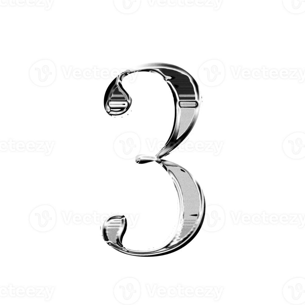 Three silver metallic luxury chrome alphabet number font png
