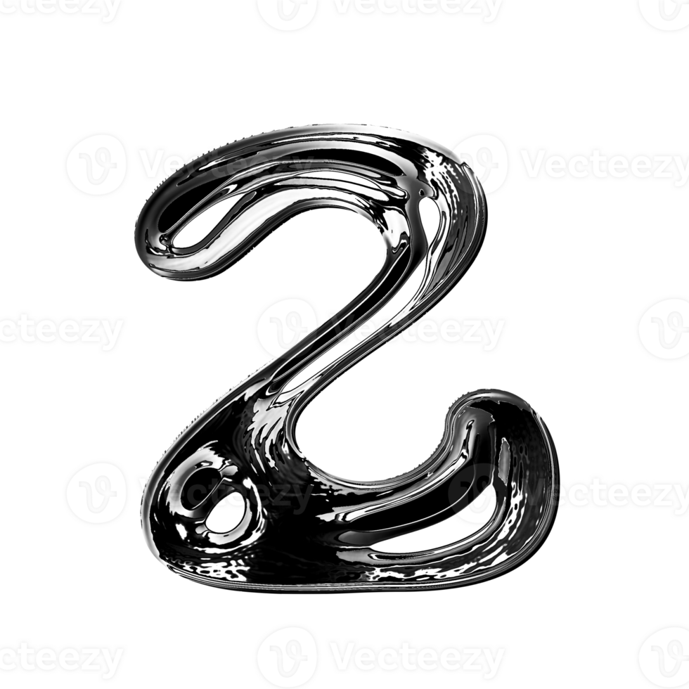 Two number alphabet with y2k liquid metallic chrome effect png