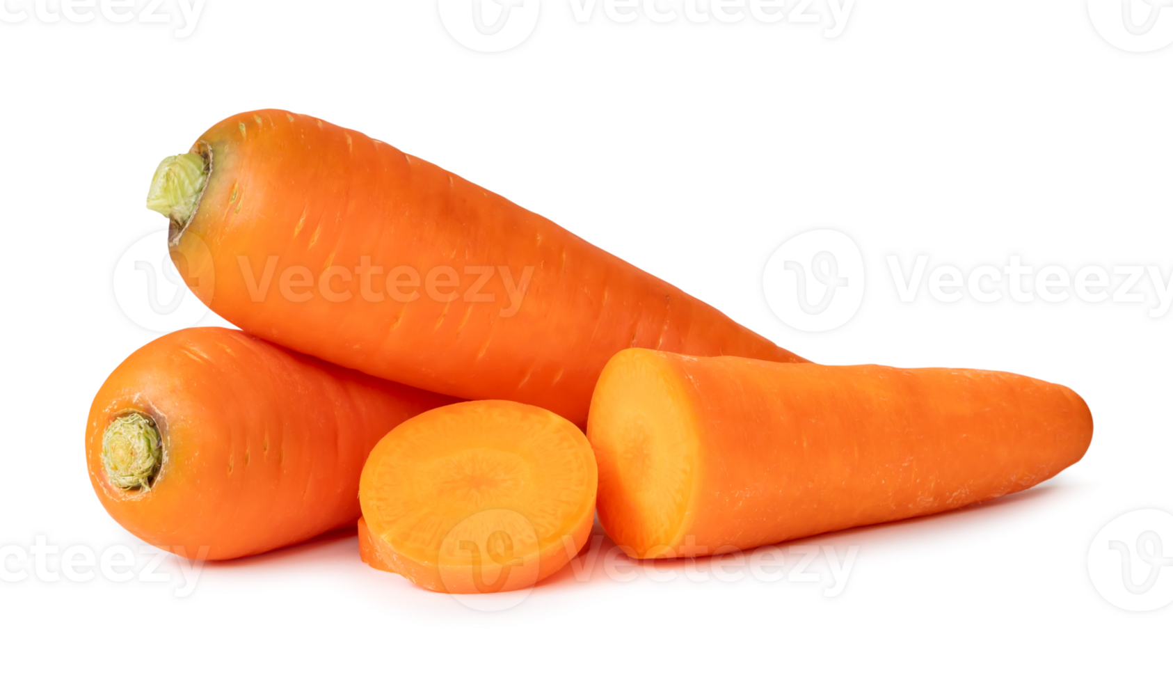 Two fresh orange carrots with slices in stack isolated with clipping path and shadow in png file format, Close up of healthy vegetable root