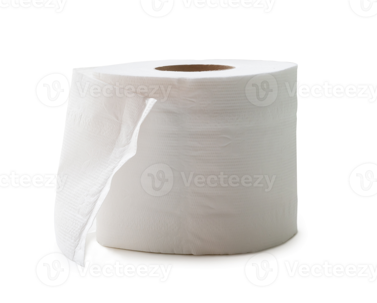 Single roll of white tissue paper or napkin prepared for use in toilet or restroom isolated with clipping path and shadow in png file format