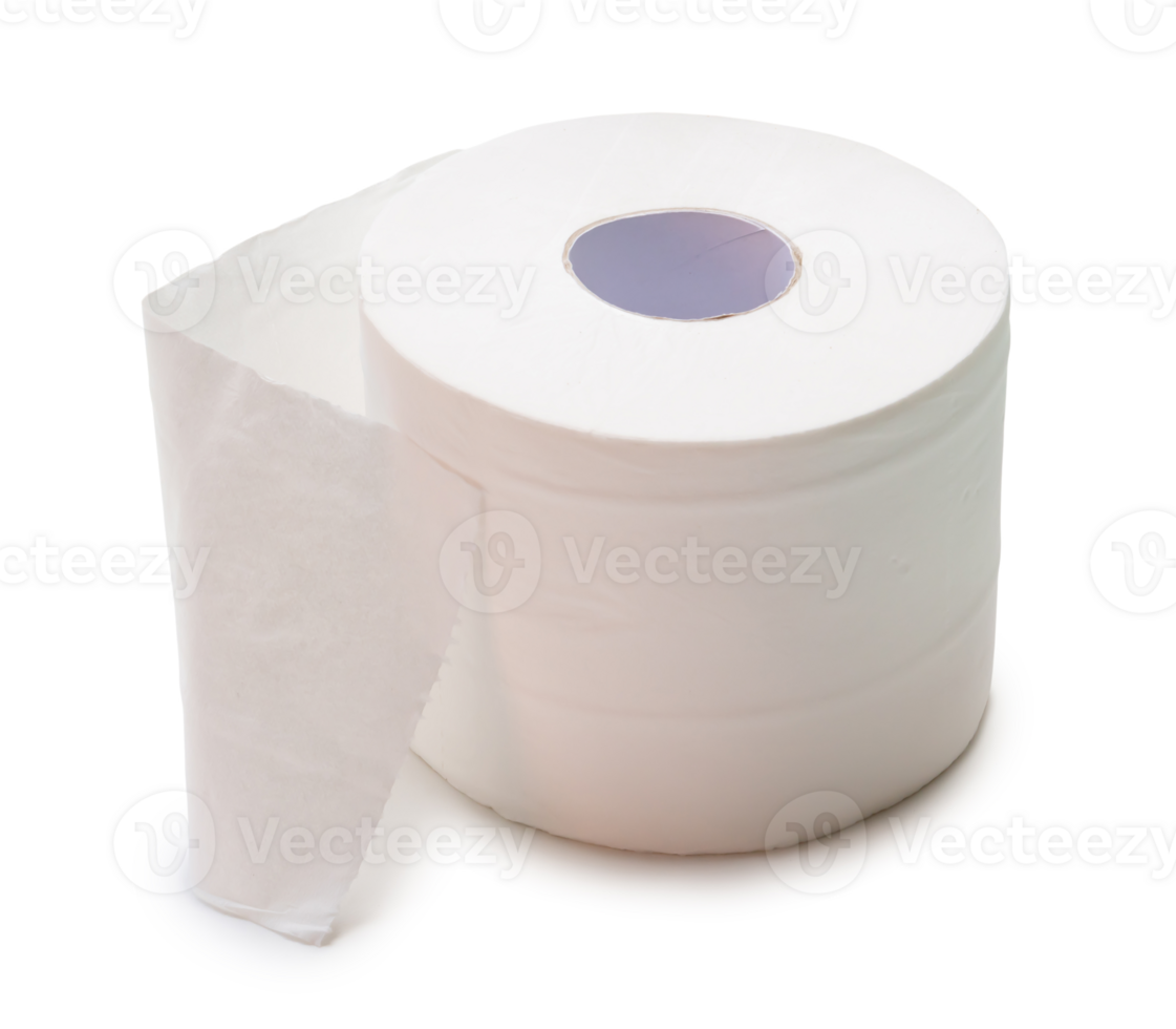 Single roll of white tissue paper or napkin prepared for use in toilet or restroom isolated with clipping path and shadow in png file format