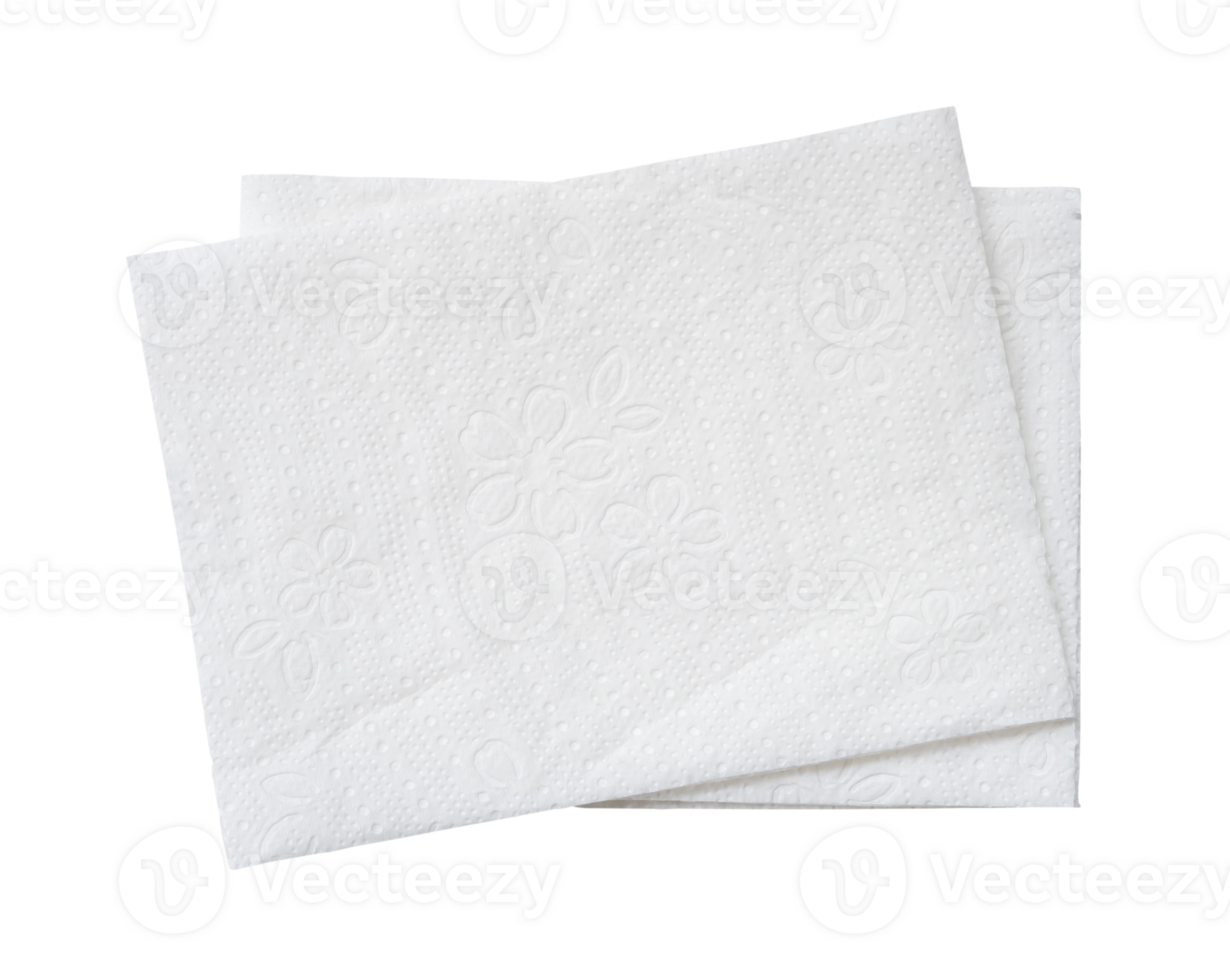 Top view of two folded pieces of white tissue paper or napkin in stack isolated with clipping path in png file format.