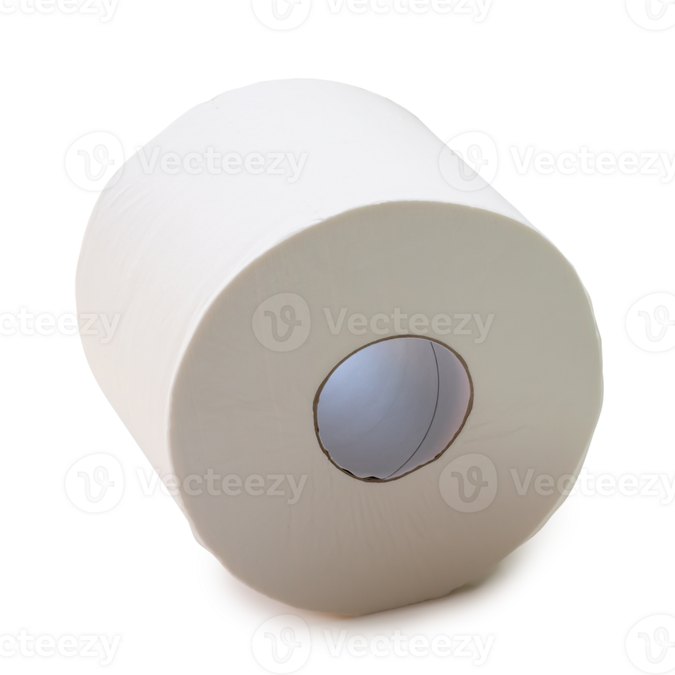 Single roll of white tissue paper or napkin prepared for use in toilet or restroom isolated with clipping path and shadow in png file format